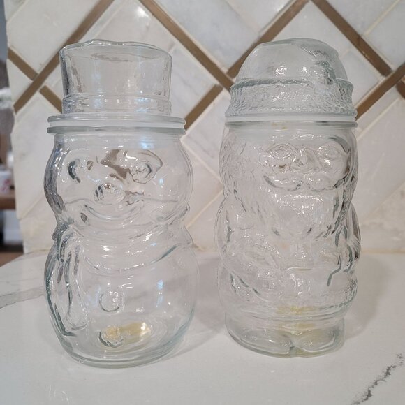 Vintage Libbey Santa Claus & Snowman Cookie Candy Glass Jar With Lids Holiday - Picture 8 of 14